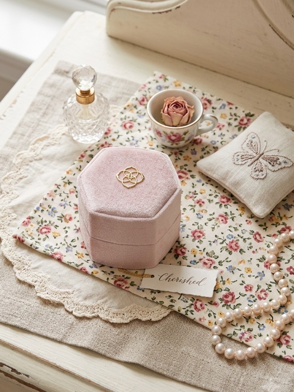 Kendra Scott Blush Pink Velvet Hexagon Jewelry Box with Gold Emblem